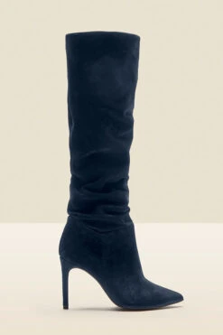 Navy Blue Belle Suede Heeled Slouch High Leg Boot -Opal & Oak Store web sosandar kneehighblack side navy rt 1