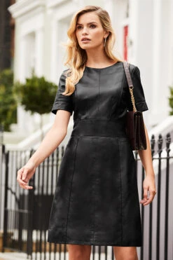 Black Leather Panelled Shift Dress